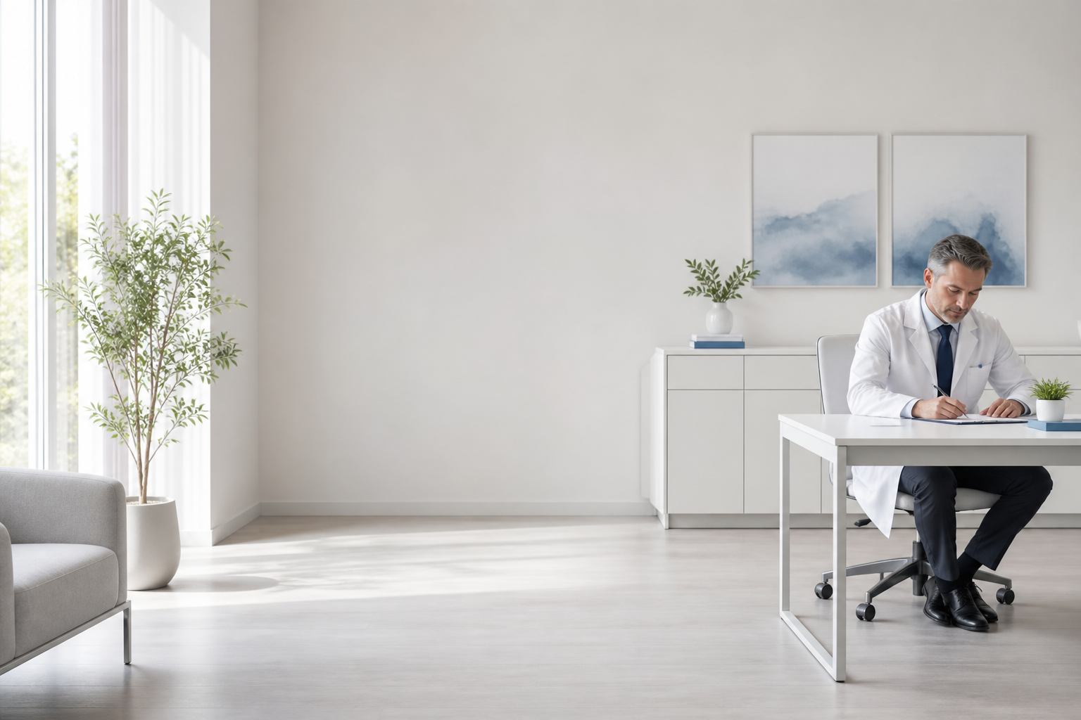 Médico em consultório particular contemporâneo