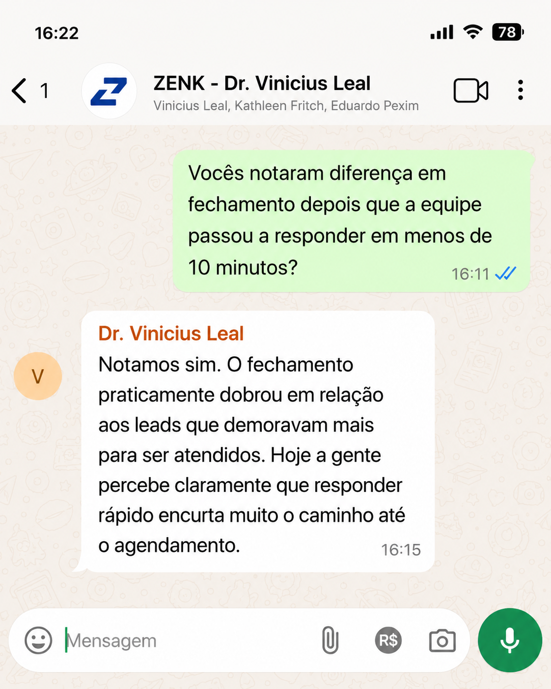Relato de cliente no WhatsApp
